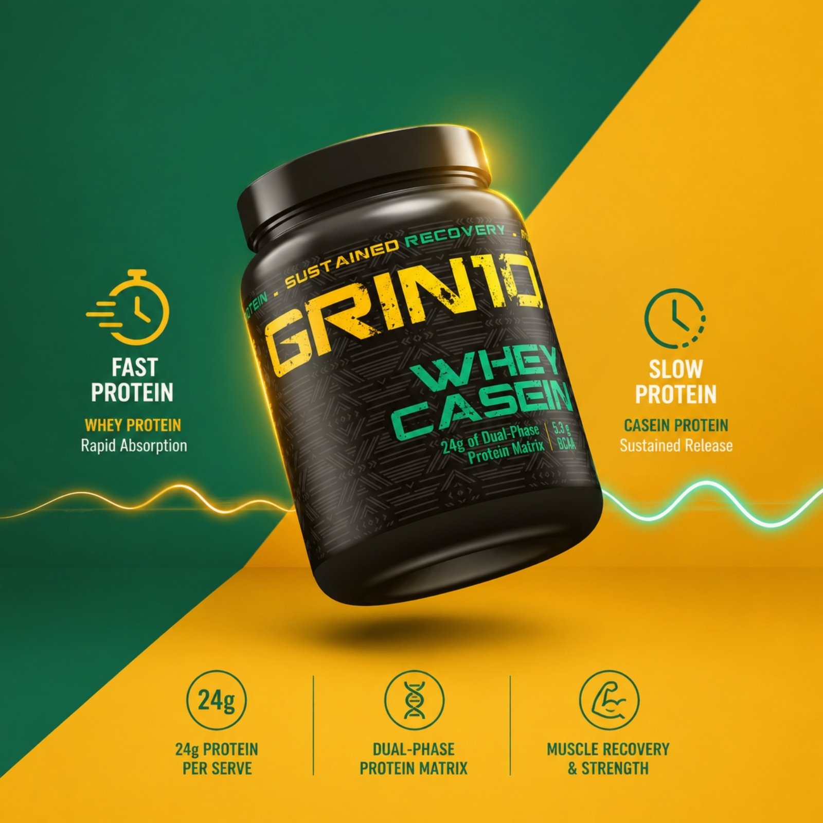 Grin10 Whey casein 24 g Dual Phase Protein Matrix